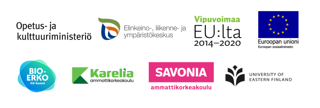Join-Bioerko -hankkeen rahoittajien ja partnereiden logot: Opetus- ja kulttuuriministeriö, ELY-keskus, Euroopan unionin sosisaalirahasto, Karelia-amk, Savonia, UEF
