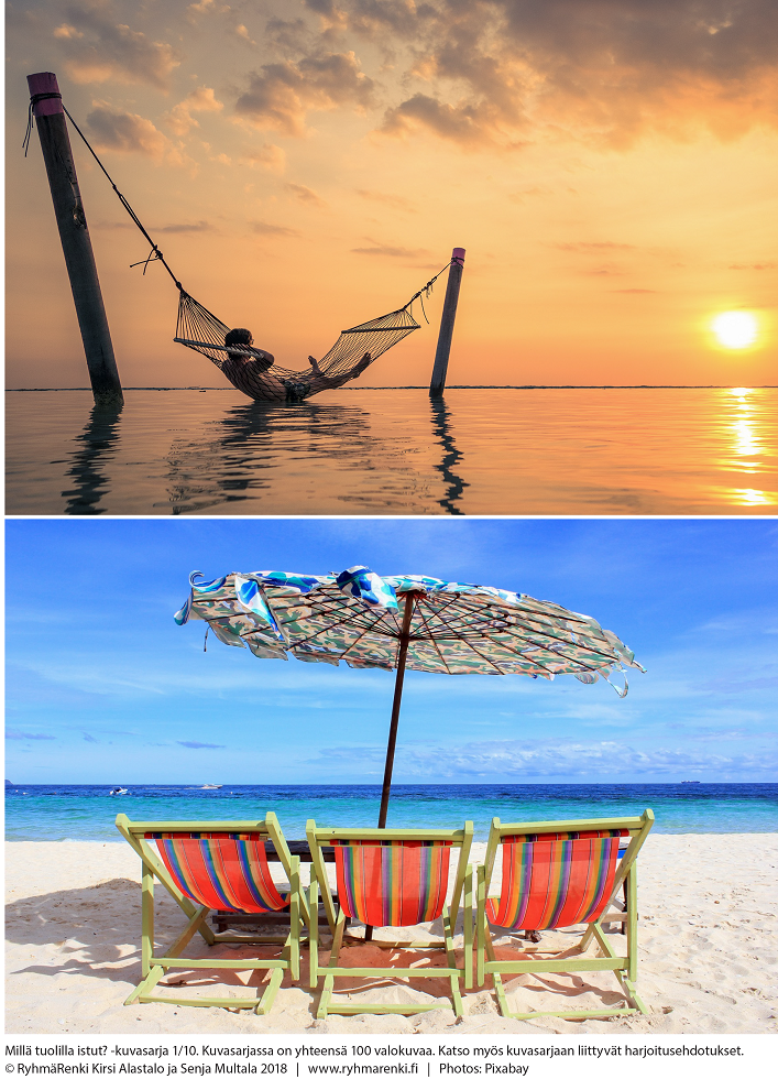Kaksi kuvaa alekkain. ylimmässä kuvassa henkilö makaa riippukeinussa ja katselee auringonlaskua. Alemmassa kuvassa kolme rantatuolia ja päivänvarjo hiekkarannalla. 