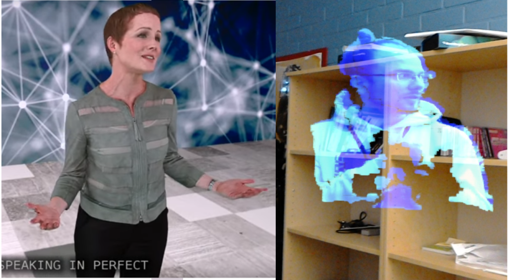 Vasemmalla kuva aidontuntuisesta ihmishologrammista virtuaalisessa ympäristössä. Oikealla rakeinen ja sinertävä hologrammi ihmisestä.