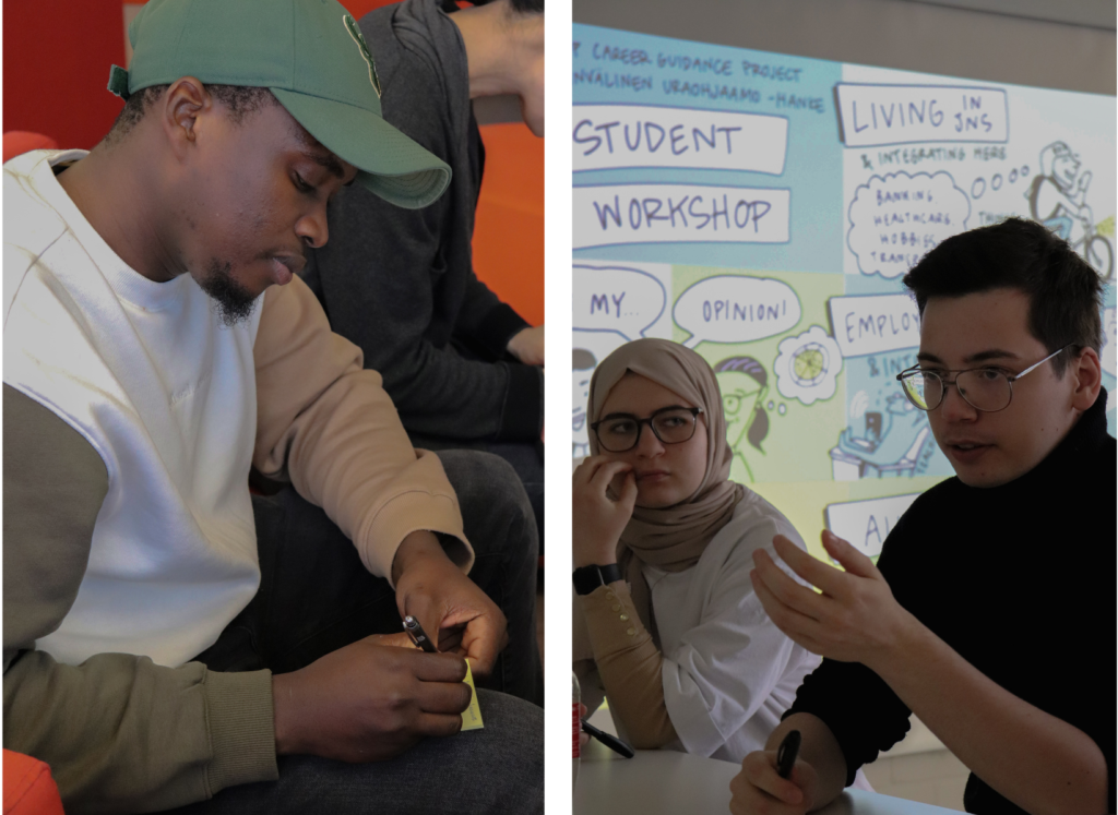 Vasemmalla olevassa kuvassa tummaihoine nuori mies kirjoittaa post-it-lappua. Oikealla olevassa kuvassa kaksi vierekkäin istuvaa henkilöä, joista toisella hijab. Toinen puhumassa. 
