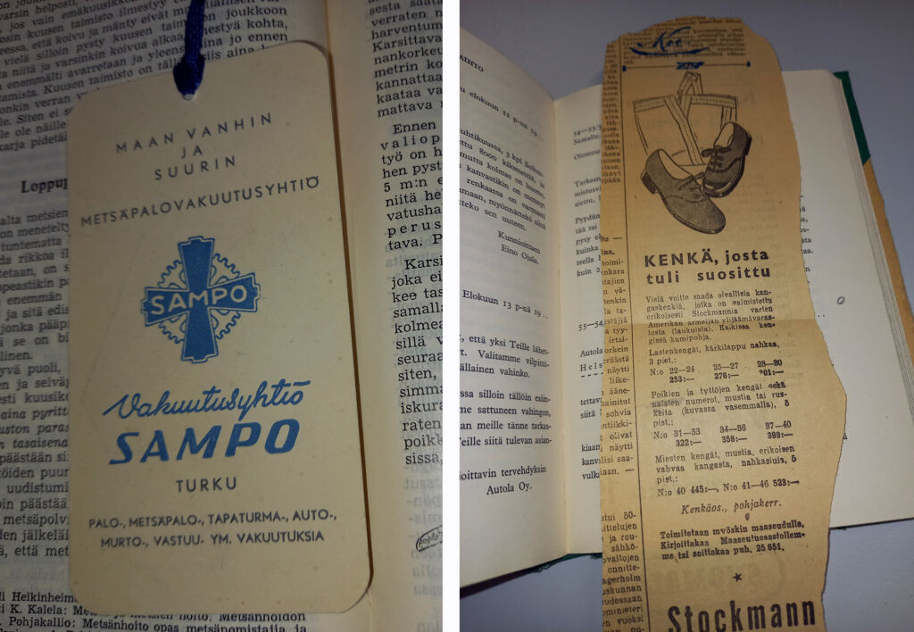 Vanha Sampo-yhtiön kirjanmerkki, ja lehdestä repäisty kenkämainos