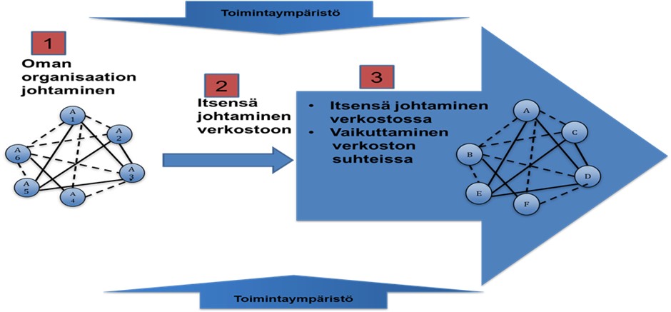 Kuvio jossa esitelty verkostoon liittymisen kolme askelta: Oman organisaation johtaminen, itsensä johtaminen ja itsensä johtaminen verkostossa