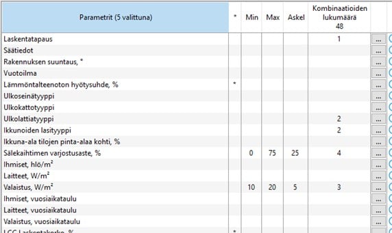 Riuska-ohjelmiston käyttöliittymä, parametrien valinta esim. ulkoseinätyyppi, ikkunoiden lasityyppi, valaistus, vuotoilma