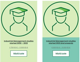Kaksi kuvaketta joissa lukuvuosimaksuun liittyvän koulutusohjelman nimi ja euromäärät