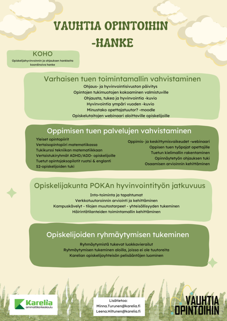 Julistemallinen kuva, jossa otsikko Vauhtia opintoihin -hanke. Neljä laatikkoa joiden otsikot ovat: Varhaisen tuen toimintamallin vahvistaminen, oppimisen tuen palvelujen vahvistaminen, opiskelijakunta POKAn hyvinvointityön jatkuvuus ja opiskelijoiden ryhmäytymisen tukeminen.