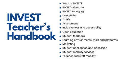 INVEST Teacher's Handbook
-	What is INVEST?
-	INVEST orientation
-	INVEST Pedagogy
-	Living Labs 
-	Thesis
-	 Assessment
-	Inclusiveness and accessibility
-	Open education
-	Student feedback
-	Learning environments, tools and platforms 
-	Marketing
-	Student application and admission
-	Student mobility services
-	Teacher and staff mobility

