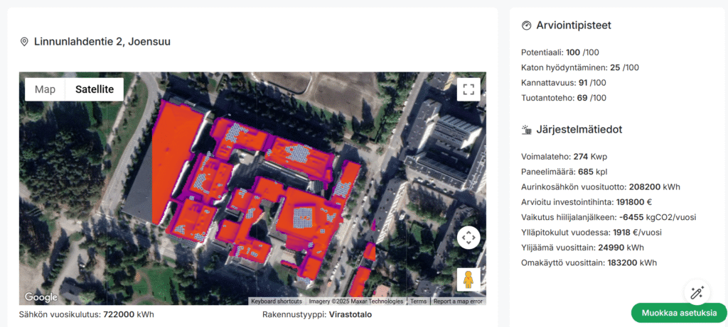 Kuvakaappaus Auriapp -työkalun näkymästä, jossa näkyy karttakuva rakennuksesta. Työkalu näyttää sähkön vuosikulutuksen.
