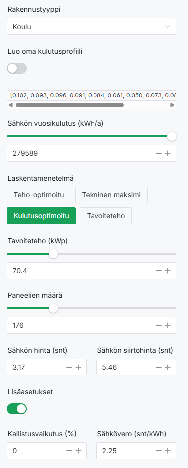sovelluksen muokkauspaneeli, joka näyttää mm. kulutuksen