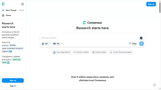 Kuvakaappaus Consensu-sovelluksen käyttöliittymästä. Teksti Research starts here ja laatikko johon voi syöttää tekstiä