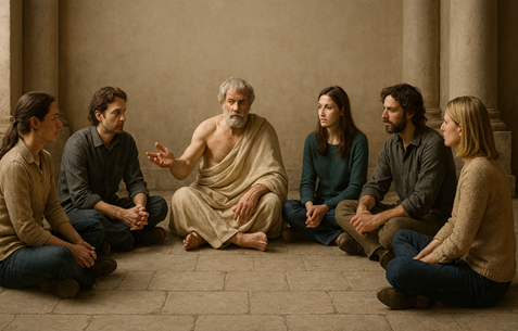 Antiikin filosofin näköinen mies istuu lattialla ringissä nykyaikaisiin vaatteisiin pukeutuneiden henkilöiden kanssa