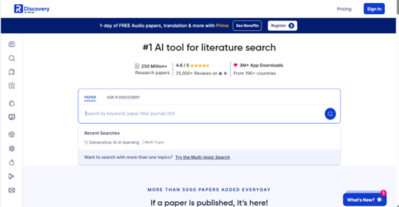 Kuvakaappaus Discovery-sovelluksen käyttöliittymästä. Teksti: #1 AI Tool for literature