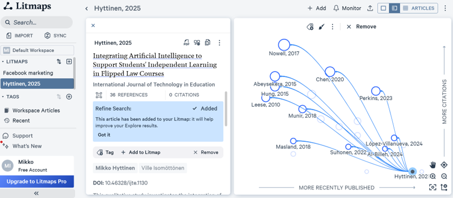 Kuvakaappaus Litmaps-sovelluksen käyttöliittymästä