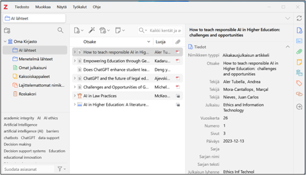 Kuvakaappaus Zotero sovelluksen käyttöliittymästä