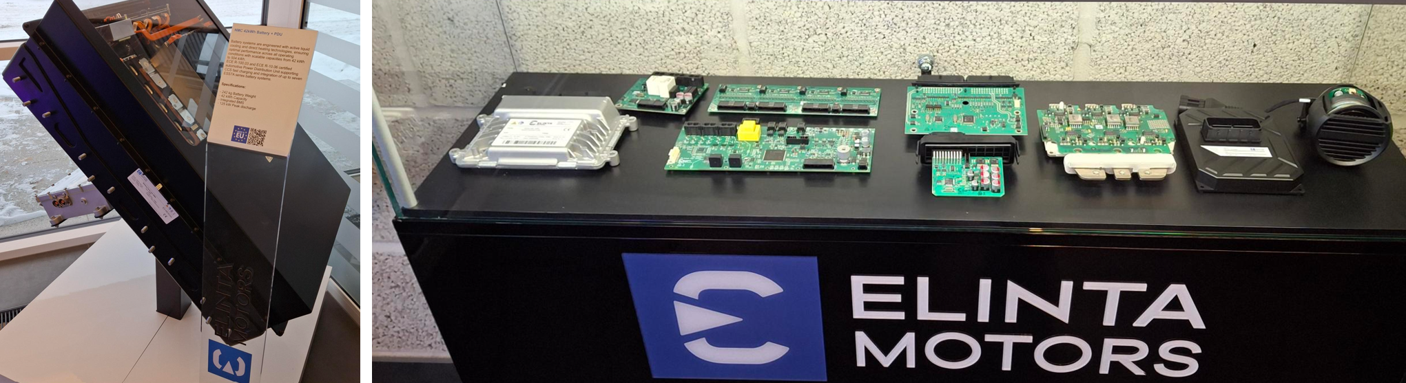 Elinta Motorsin tuotteita: virtapiirilevyjä ja akkuja