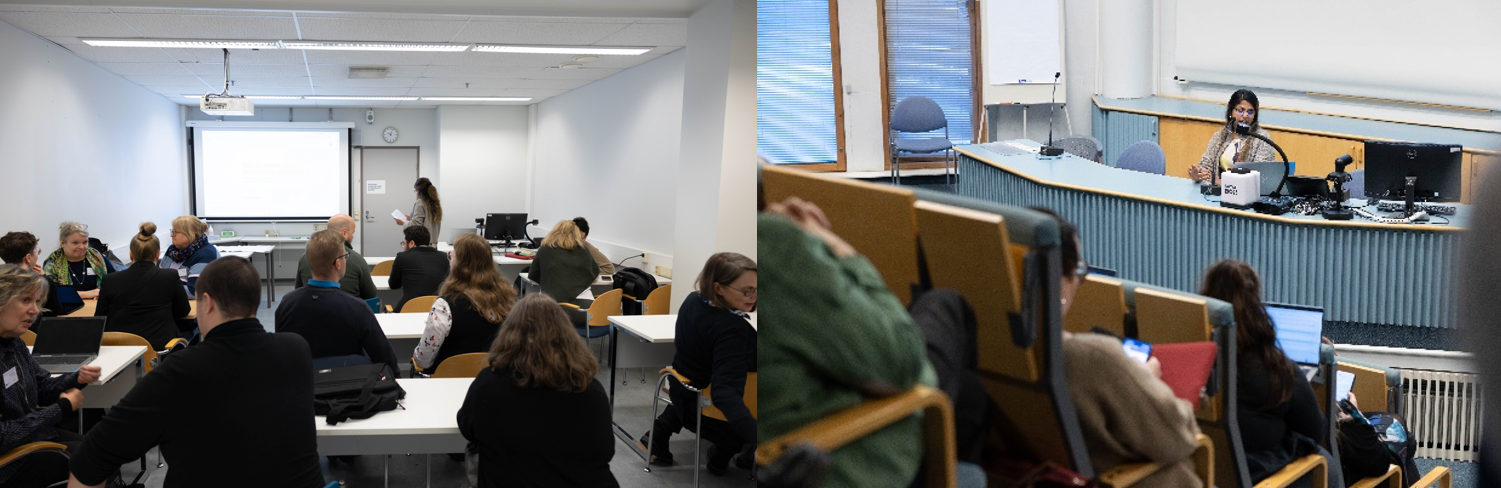 Two photos from class rooms with people sitting