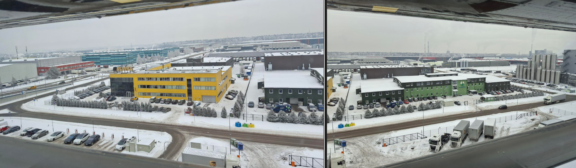 Kaksi kuvaa alueesta jossa toimisto- ja teollisuusrakaennuksia