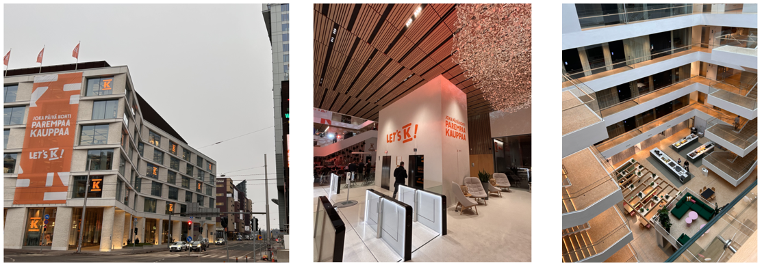 Kolme kuvaa toimistorakennuksen ulko- ja sisäpuolelta. Rakennuksen seinässä on suuri lakana jossa teksti: Joka päivä kohti parempaa kauppaa, Let's K!