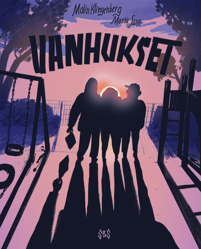 Kirjan kansikuva: Piirroskuva jossa neljä hahmoa seisoo leikkipuistossa keinun vieressä. Teksti: Vanhukset