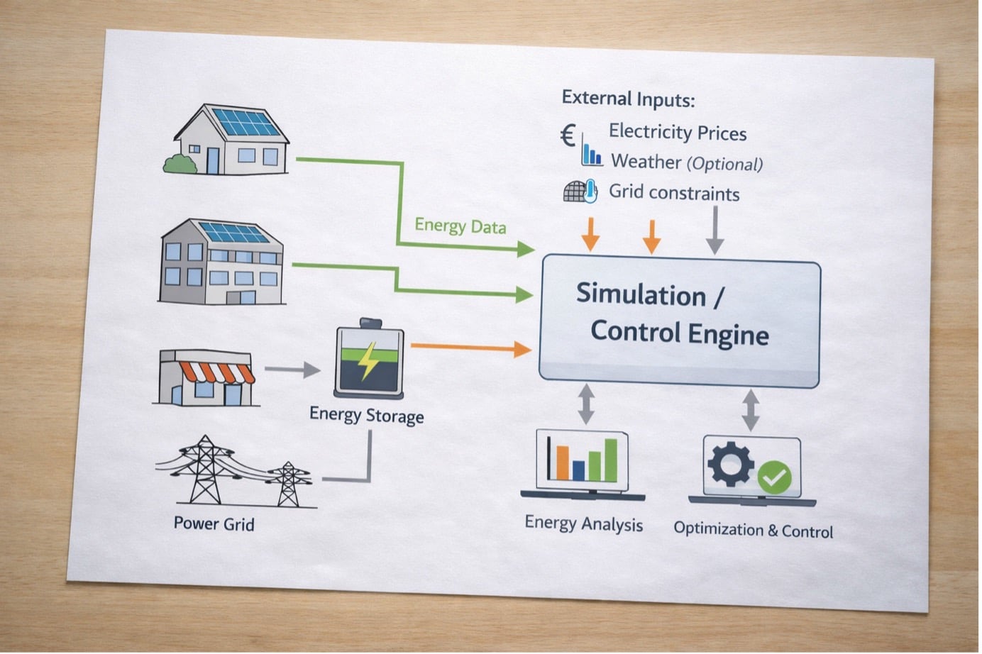 Simulation Control Engine
External inputs: elertricity prices, weather, grid constraints
Energy Data
Energy Storage
Energy analysis
Optimization & control