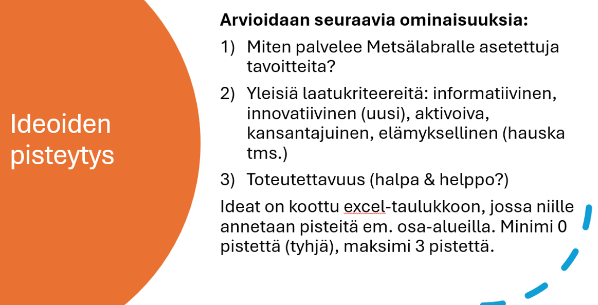 Kuvakaappaus esitysdiasta. Tekstit: Ideoiden pisteytys. Arvioidaan seuraavia ominaisuuksia: Miten idea palvelee metsälabralle asetettuja tavoitteita, Yleisiä laatukriteereitä, ja toteutettavuus