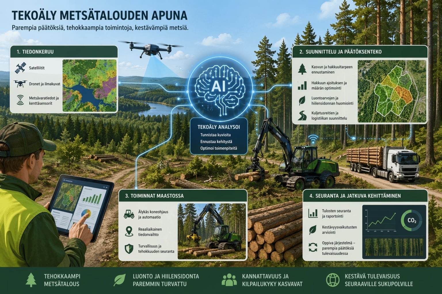 Piirroskuva jossa esitetty miten tekoäly voi toimia metsätalouden apuna: Tiedonkeruussa, suunnittelussa ja päätöksenteossa, seurannassa ja kehittämisessä sekä maastossa tapahtuvissa toiminnoissa